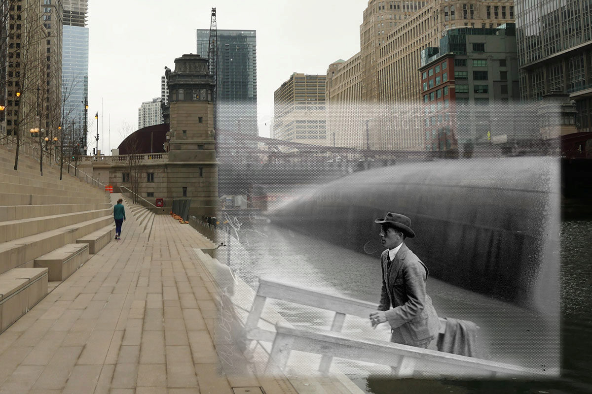 A sample photo from the historical archive superimposed on the live camera stream. In order to create an appealing AR effect, the photo needs to appear aligned with specific environmental features.