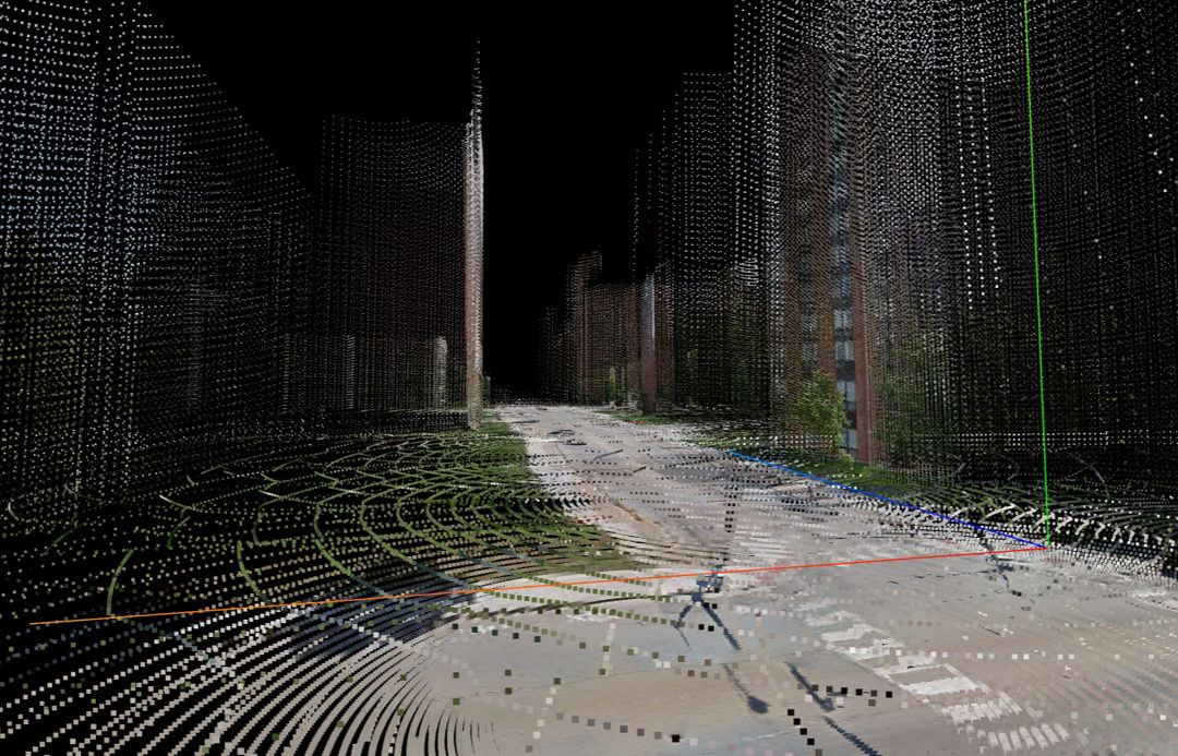 Combination of multiple panoramas along a street.