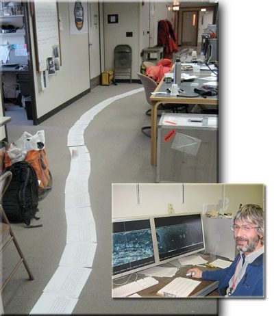Hundreds of hand-drawn notes lying across the office. (Inset) Scientist switched to use the CoreWall system to assist initial core description
