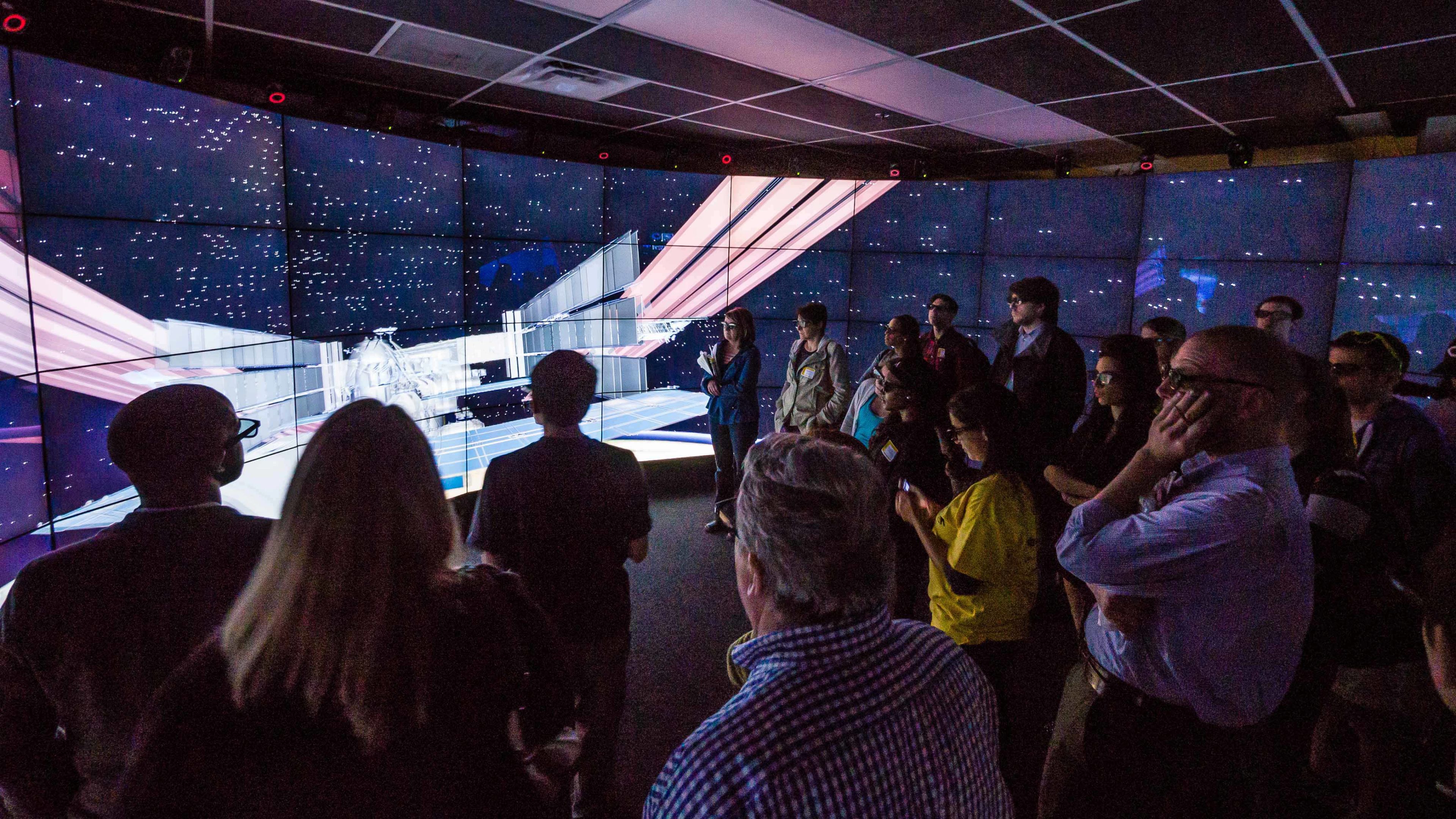 Chicago Ideas Week participants board the StarTrek Enterprise in the CAVE2. Enterprise interior and exterior models by Arthur Nishimoto, Dennis Baily and Eric Clark.