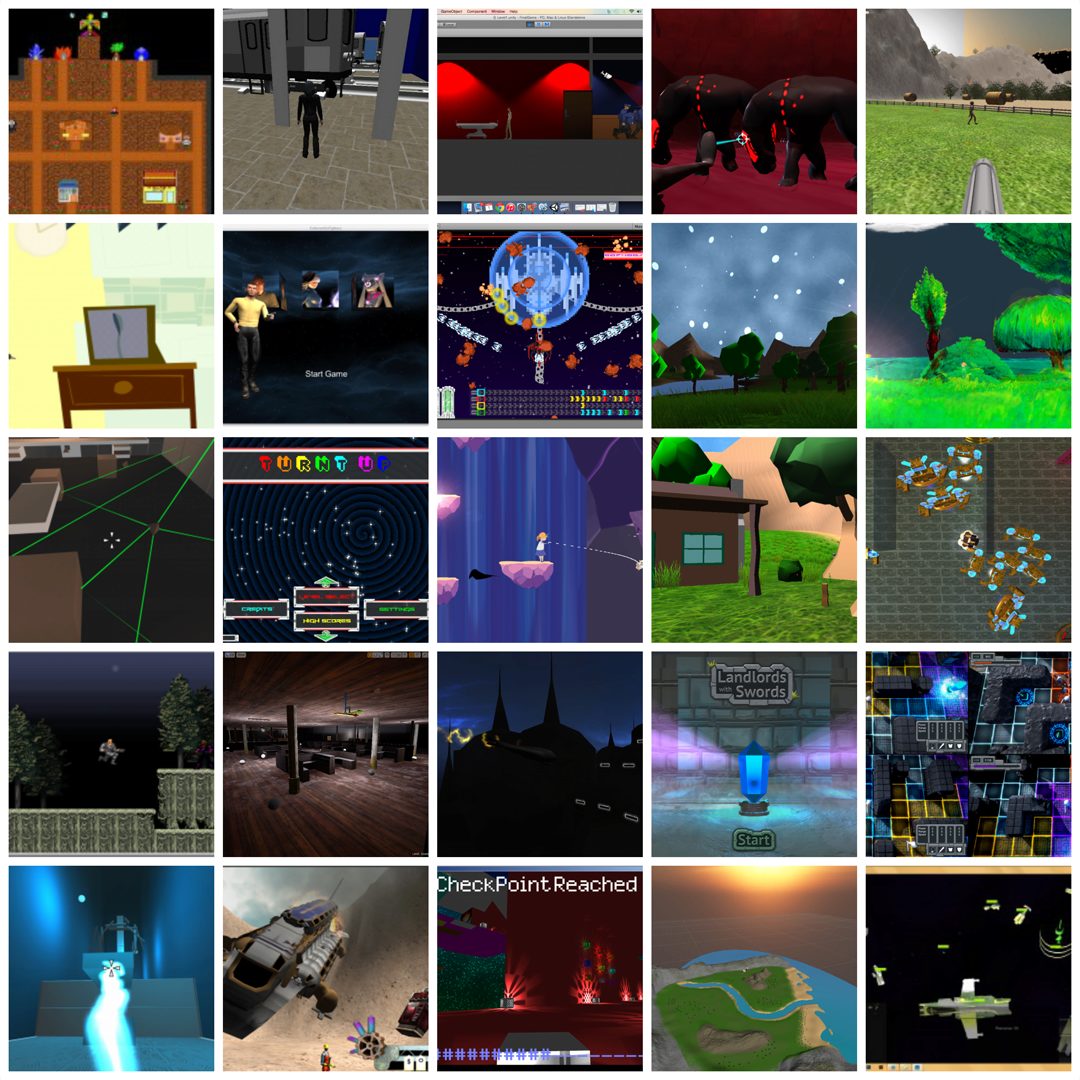 This montage shows stills from the student-developed projects done for the “Video Game Design and Development” computer science course, taught by Mark Tulewicz at UIC in collaboration with Louisiana State University, in 2014 and 2015.