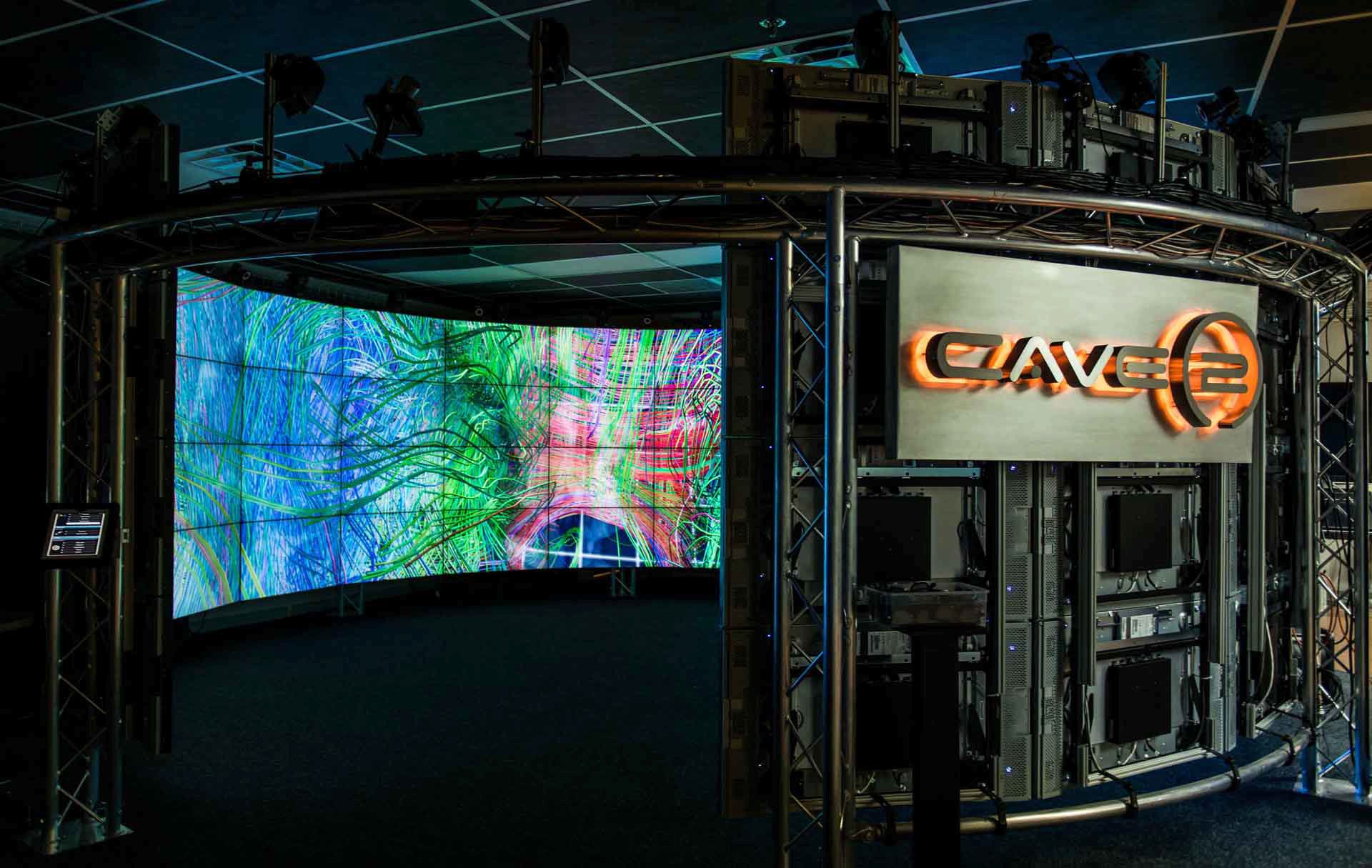 The brain’s neural fiber tracts are shown on 72 3-D LCD screens that line the inside of a 24-foot-wide, 8-foot-tall, 320-degree room at UIC