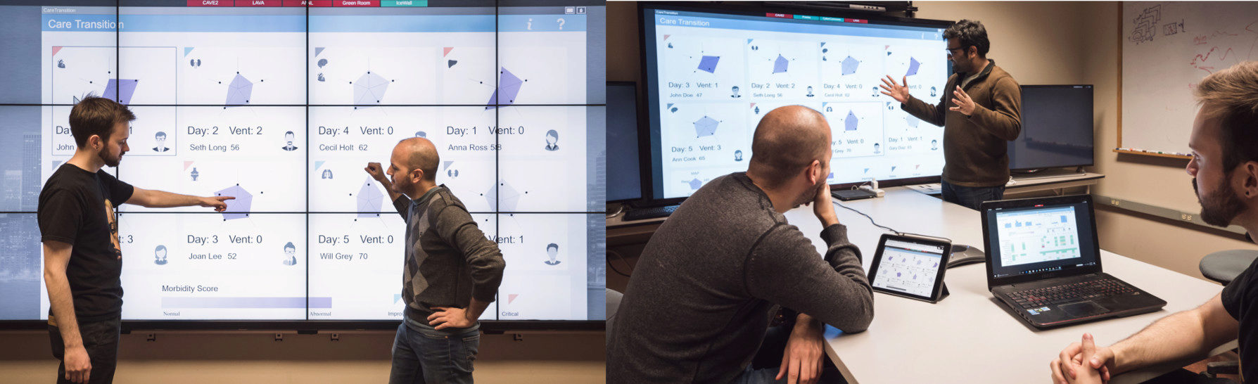 (Left) Two colocated testers establish a common information space using Echo on a tiled large display wall that runs SAGE2 middleware. (Right) A group of testers run Echo synchronously on a large display screen, on a laptop and on a tablet.
