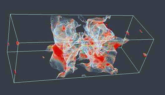 Paraview rendering of the shock regions (points within 0.01 of the local speed/speed of sound ratio of 1) in a rich and very large – 21M-points – combustion dataset.