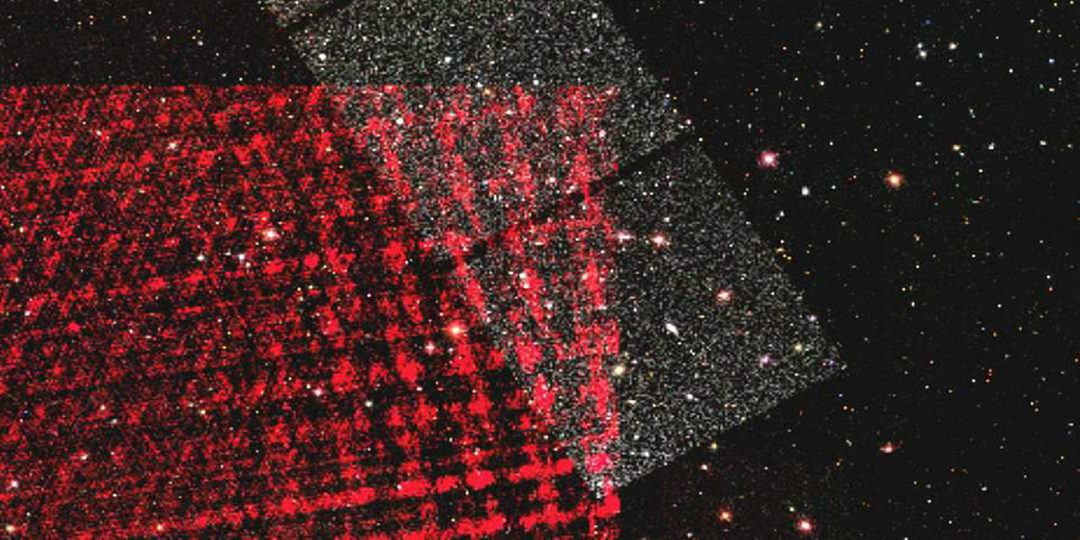 Cross-correlated large-scale overlays of optical observations, radio-emission observations, and simulation results from the SDSS sky survey.