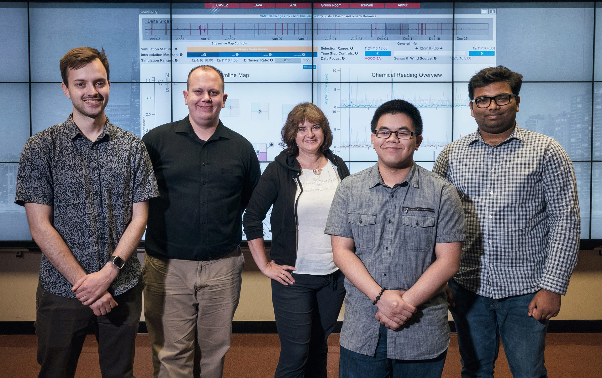 EVL Project Team (from left to right): Andrew Burks, Joe Borowicz, Elisabeta Marai (faculty advisor), Joshua Castor and Manu Thomas