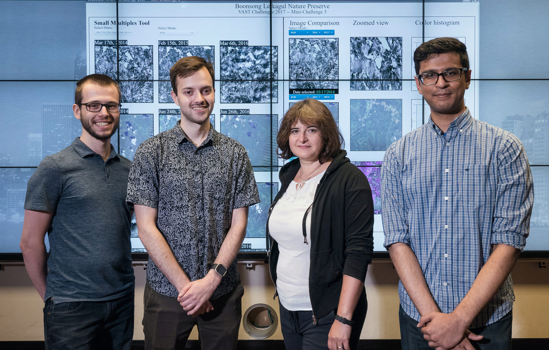 EVL Project Team (from left to right): Bart Kupiec, Andrew Burks, Elisabeta Marai (faculty advisor) and Vijayraj Mahida
