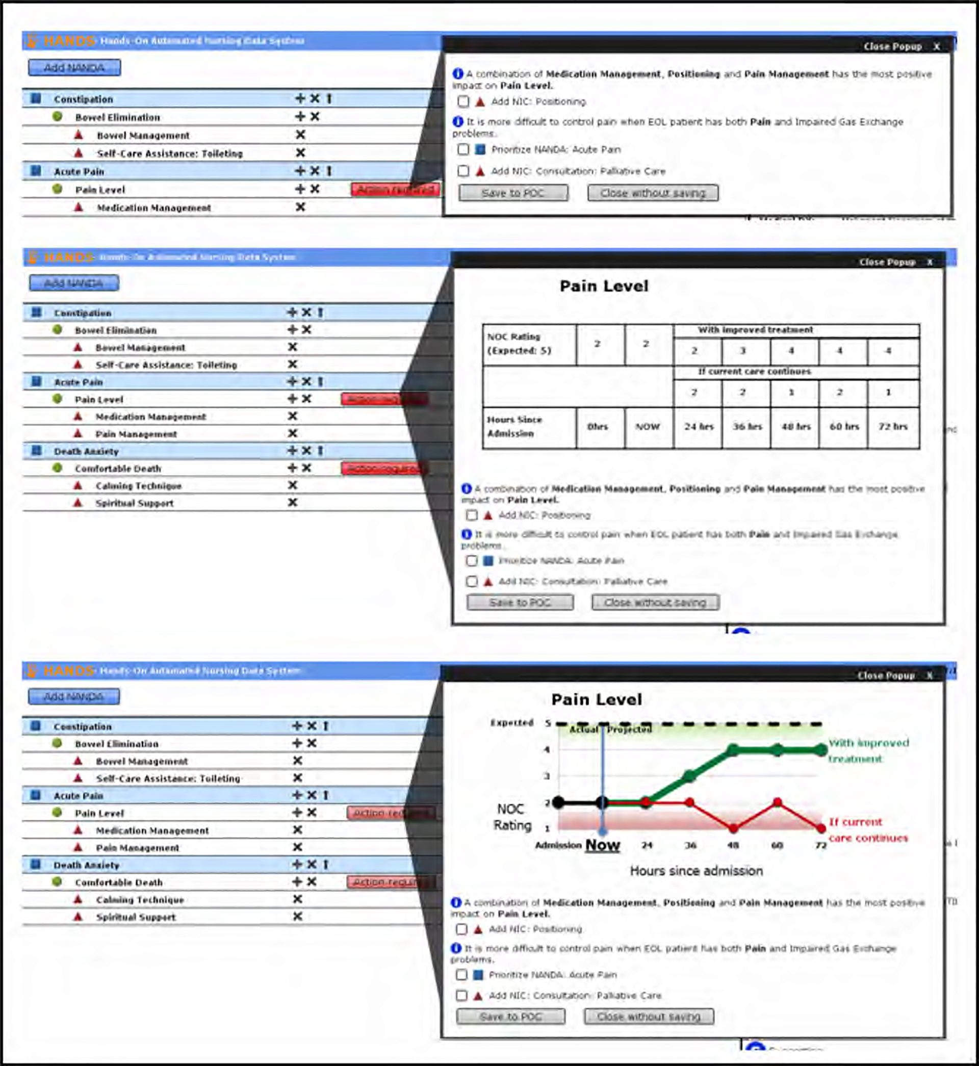 Nursing care plan examples within the three different S-HANDS CDS prototypes.