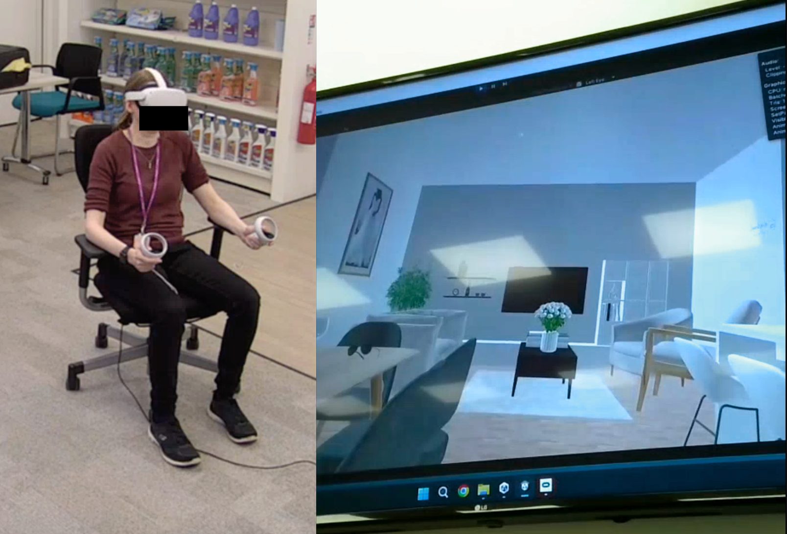 The left image shows a participant while using the VR system during the metaphor elicitation interview; the right image shows the participant’s view mirrored on the display screen during the interview.
